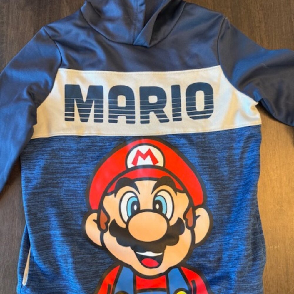 Blue Super Mario Face Portrait Lightweight Hooded Sweatshirt (Size 8) Pockets